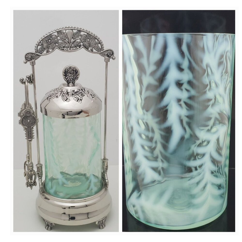 Vintage Fenton Fern Opalescent Glass Pickle Castor w/ Silver-Plated Stand & Tong